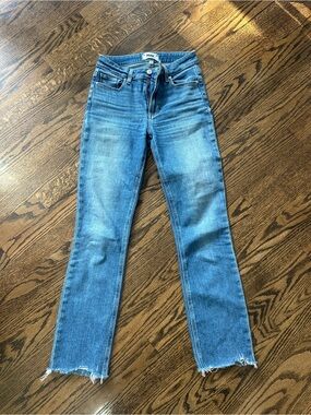 PAIGE Medium Wash Cropped Jeans with Raw Hem